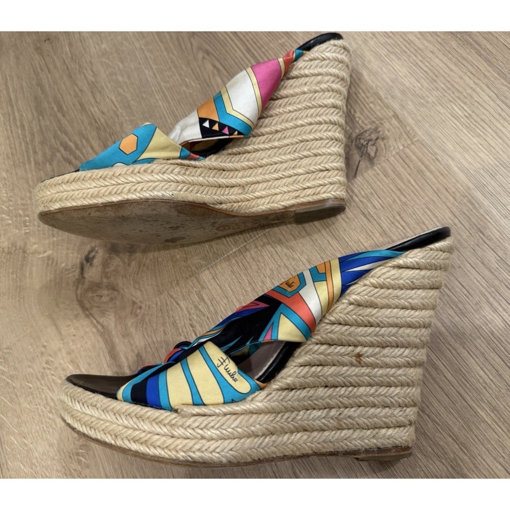 EMILIO PUCCI Wedge Platform Sandals Black/Blue Geometric 40 Made in Spain Y2K - Picture 4 of 8